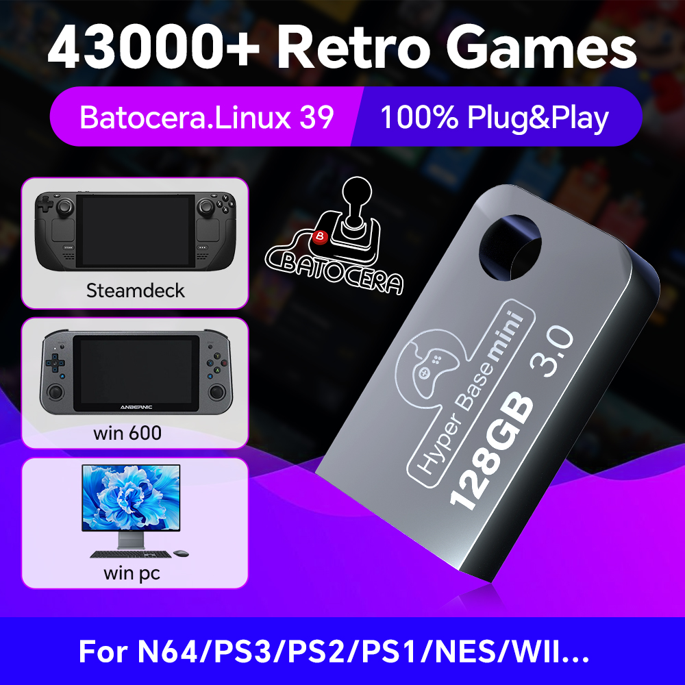 Retro Gaming Game Stick - Batocera Flash Drive USB 128G, untuk